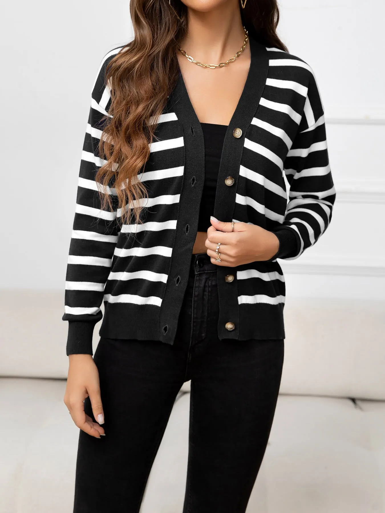 Striped Dropped Shoulder V-Neck Knit Top