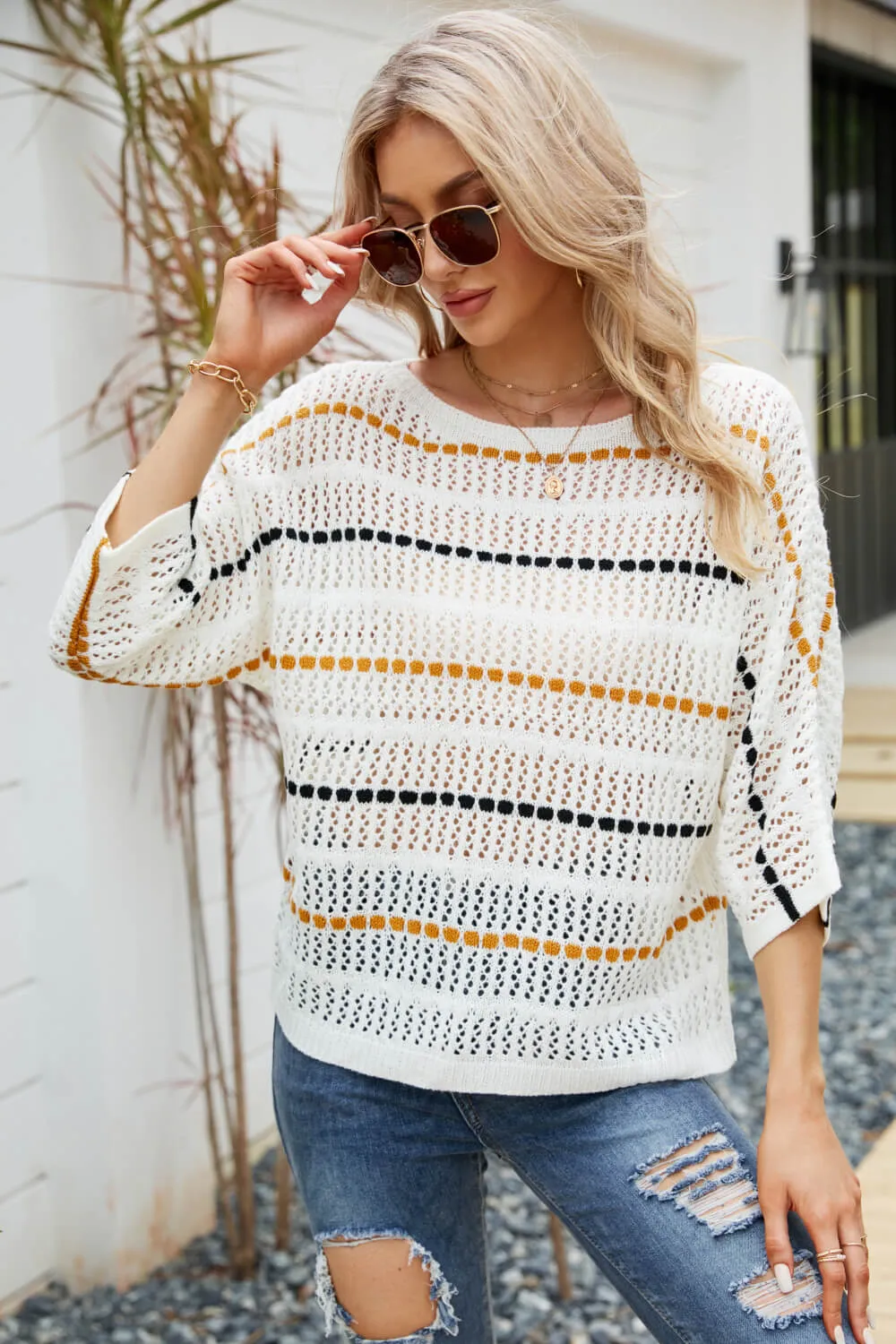 Striped Openwork Three-Quarter Sleeve Knit Top