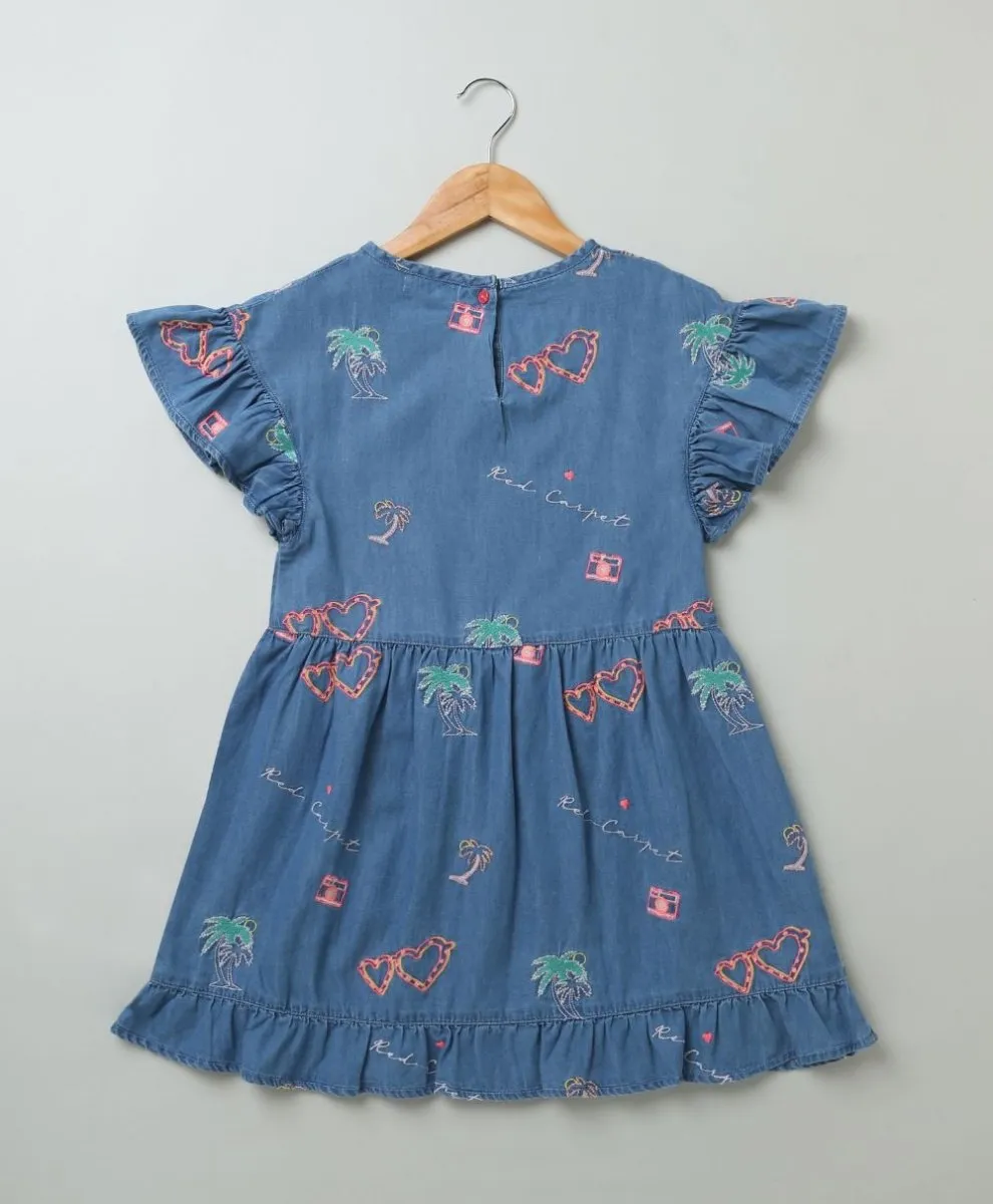 Sweetlime By AS Cotton Denim Dress with Palm Tree and  Neon Heart Embroidery.