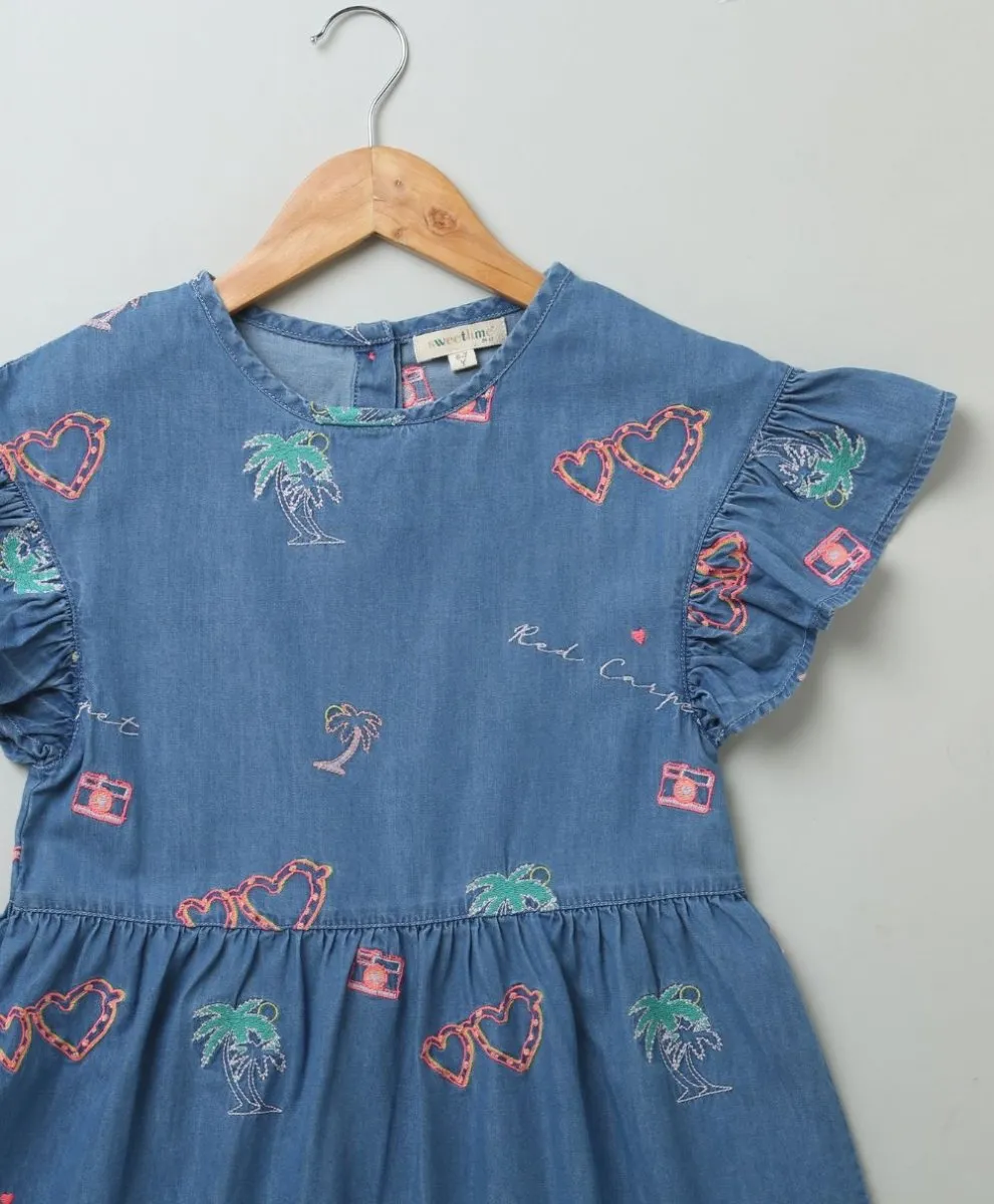 Sweetlime By AS Cotton Denim Dress with Palm Tree and  Neon Heart Embroidery.