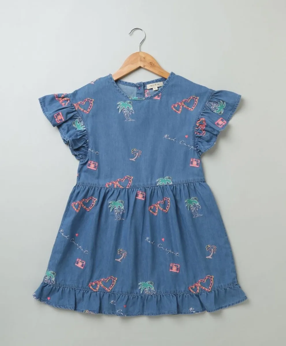 Sweetlime By AS Cotton Denim Dress with Palm Tree and  Neon Heart Embroidery.