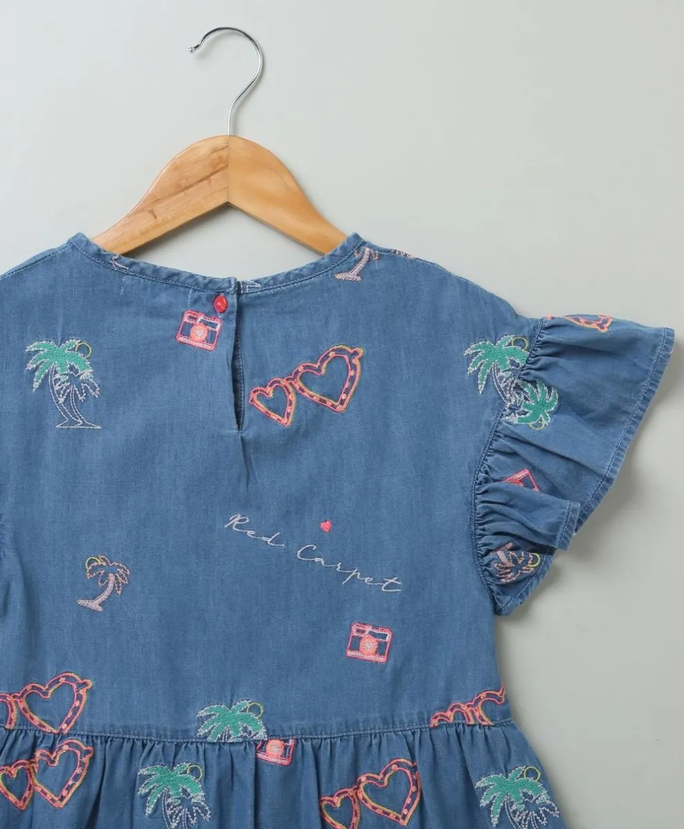 Sweetlime By AS Cotton Denim Dress with Palm Tree and  Neon Heart Embroidery.