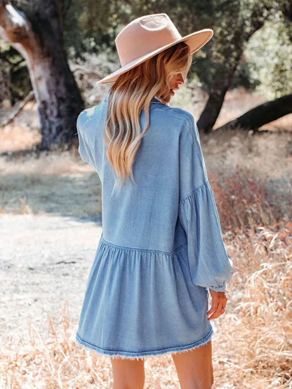 TEEK - Balloon Sleeve Short Denim Dress