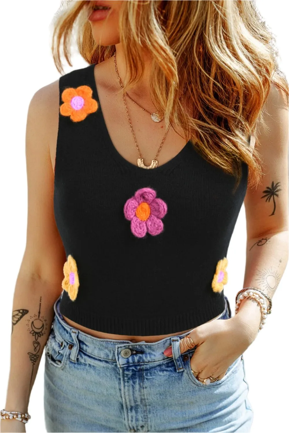 TEEK - Black Flower Scoop Neck Knit Vest