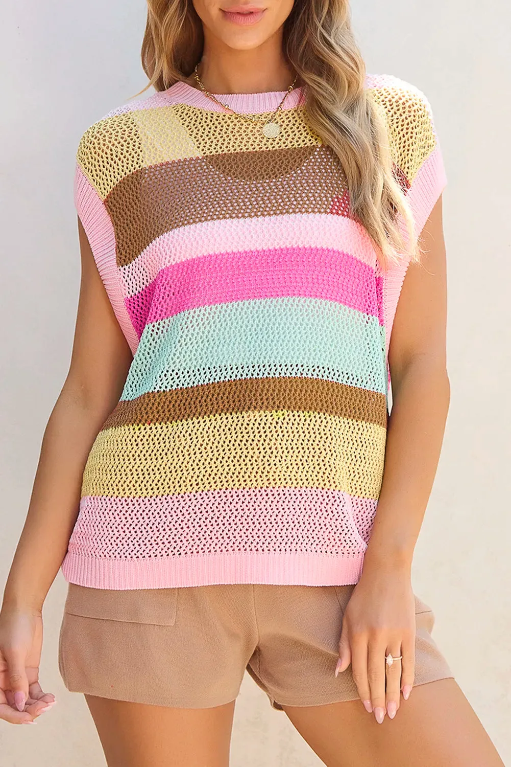 TEEK - Blush Pink Color Block Cap Sleeve Knit Top