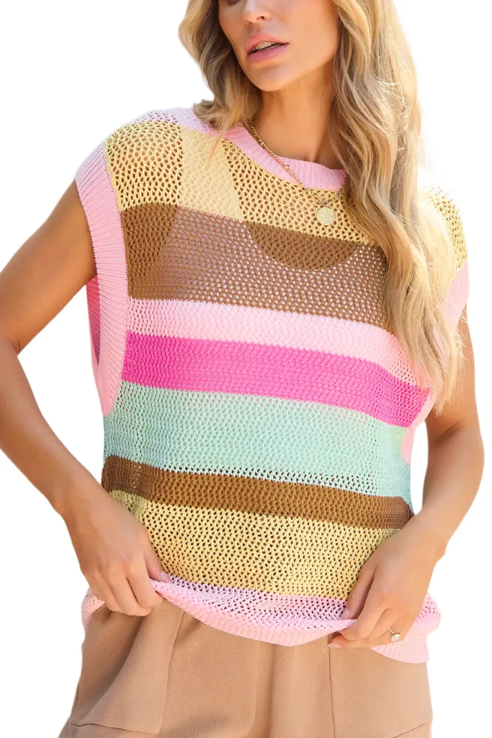 TEEK - Blush Pink Color Block Cap Sleeve Knit Top