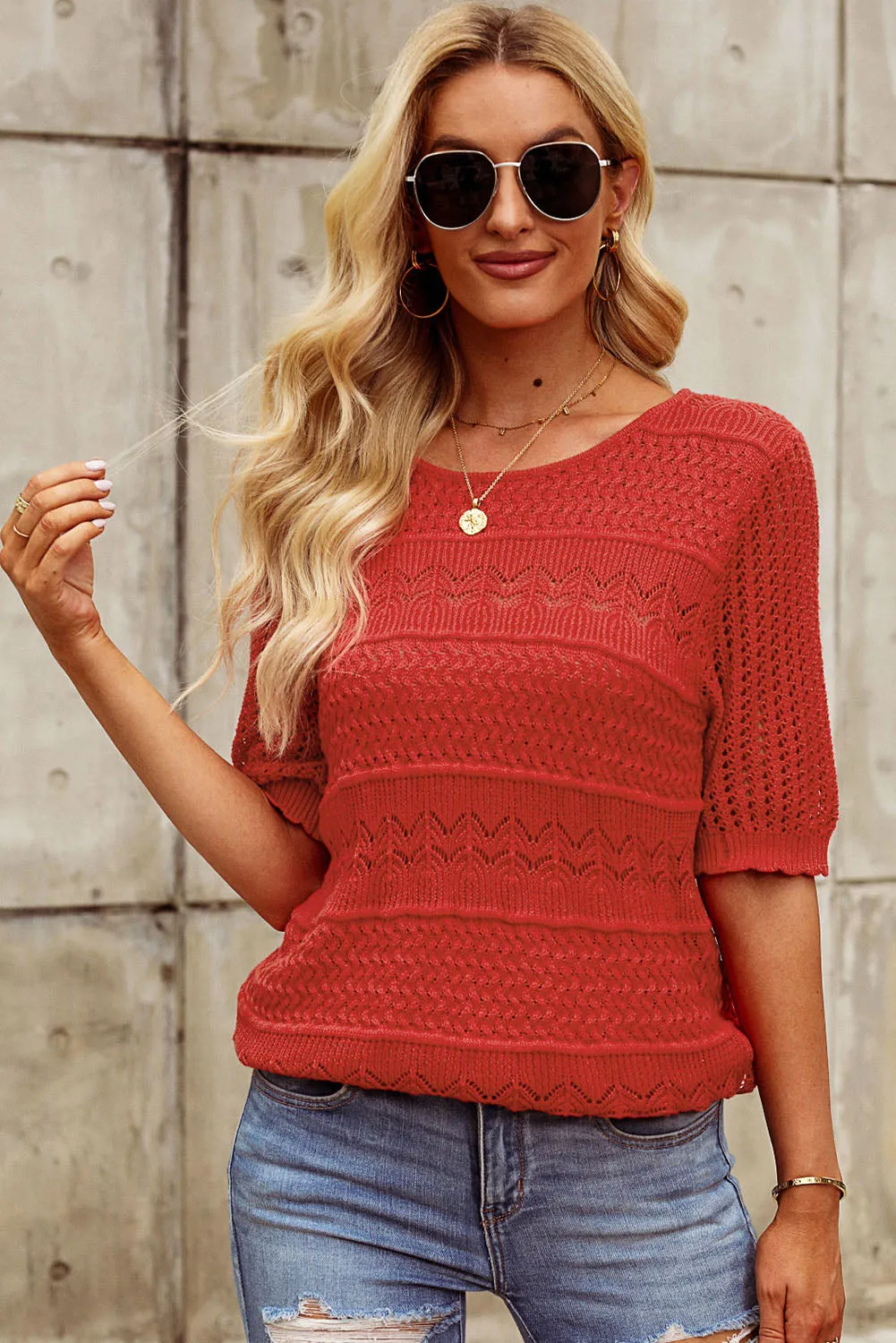 TEEK - Brick Red Open Knit Half Sleeve Knit Top