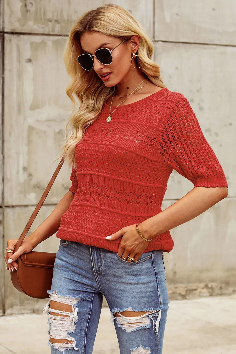 TEEK - Brick Red Open Knit Half Sleeve Knit Top