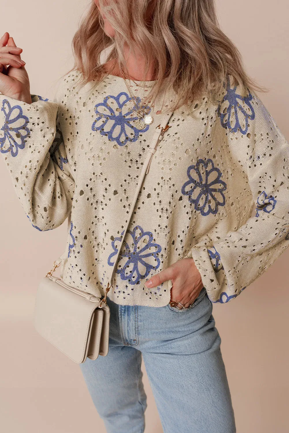 TEEK - Floral Breathable Round Neck Long Sleeve Knit Top