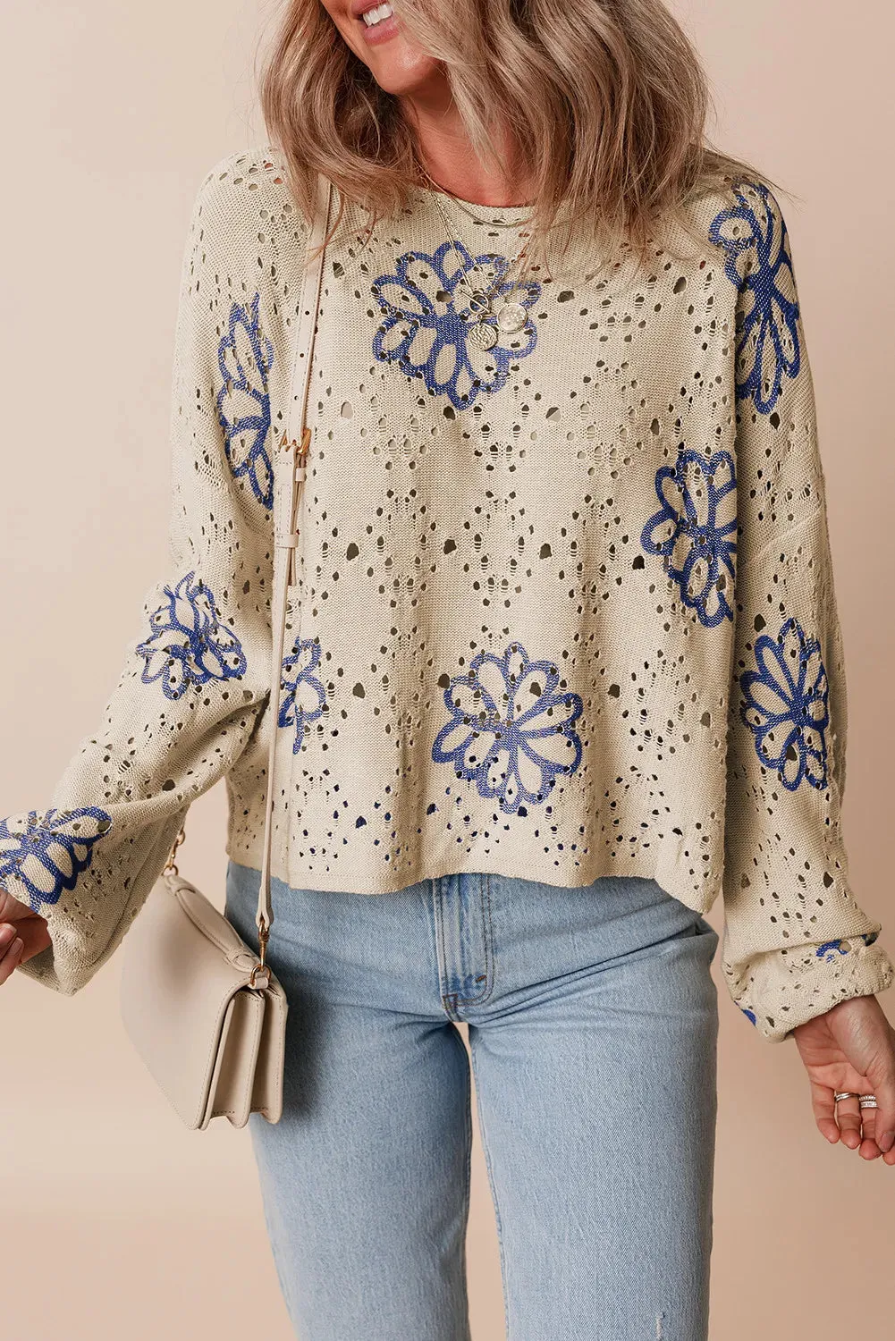 TEEK - Floral Breathable Round Neck Long Sleeve Knit Top