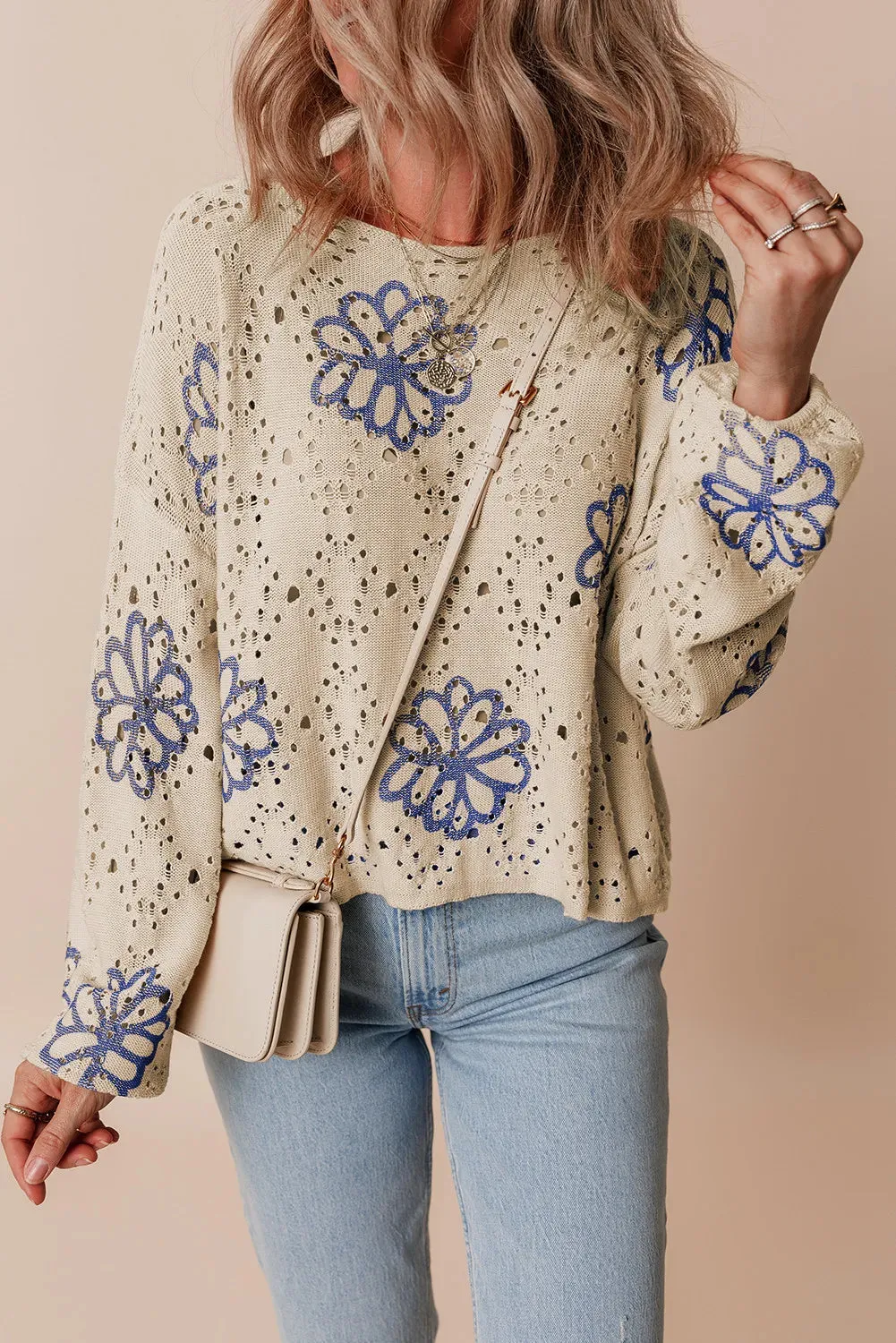 TEEK - Floral Breathable Round Neck Long Sleeve Knit Top