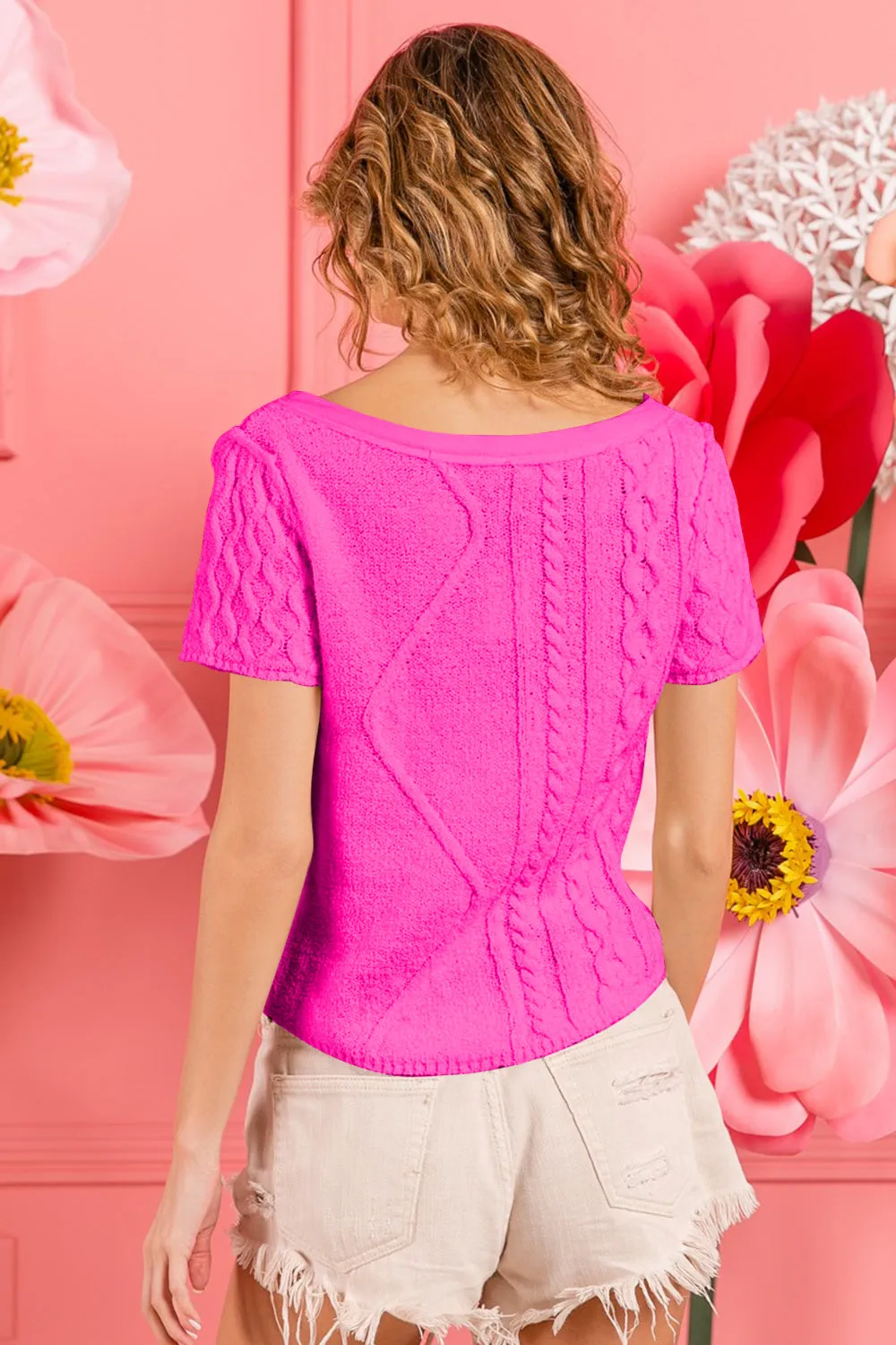 TEEK - Fuchsia Cable Knit Short Sleeve Sweater