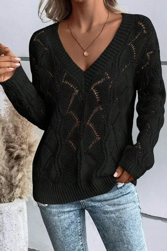 TEEK - Hollow Out Knit V Neck Drop Shoulder Sweater