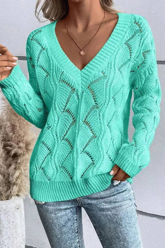 TEEK - Hollow Out Knit V Neck Drop Shoulder Sweater