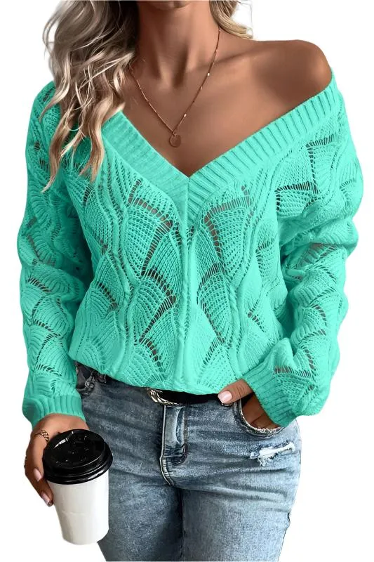 TEEK - Hollow Out Knit V Neck Drop Shoulder Sweater