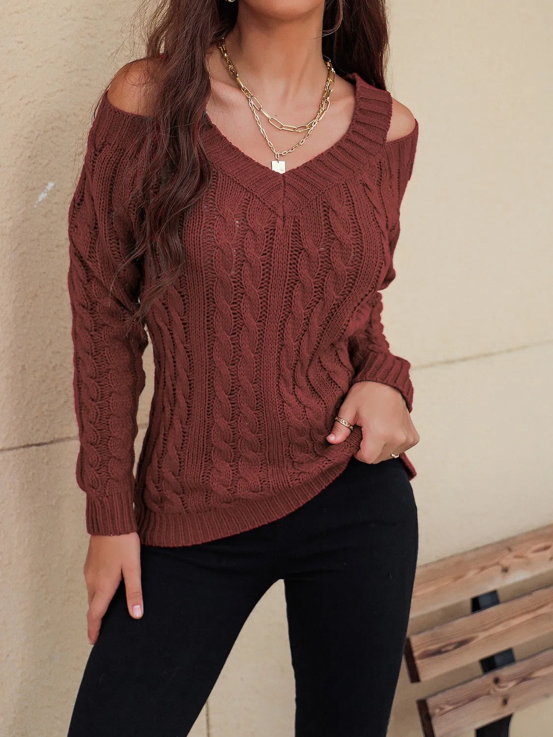 TEEK - Honey Cable-Knit V-Neck Cold Shoulder Sweater