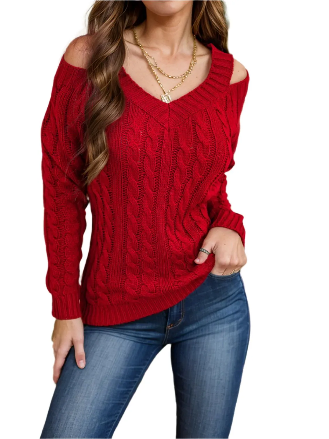 TEEK - Honey Cable-Knit V-Neck Cold Shoulder Sweater