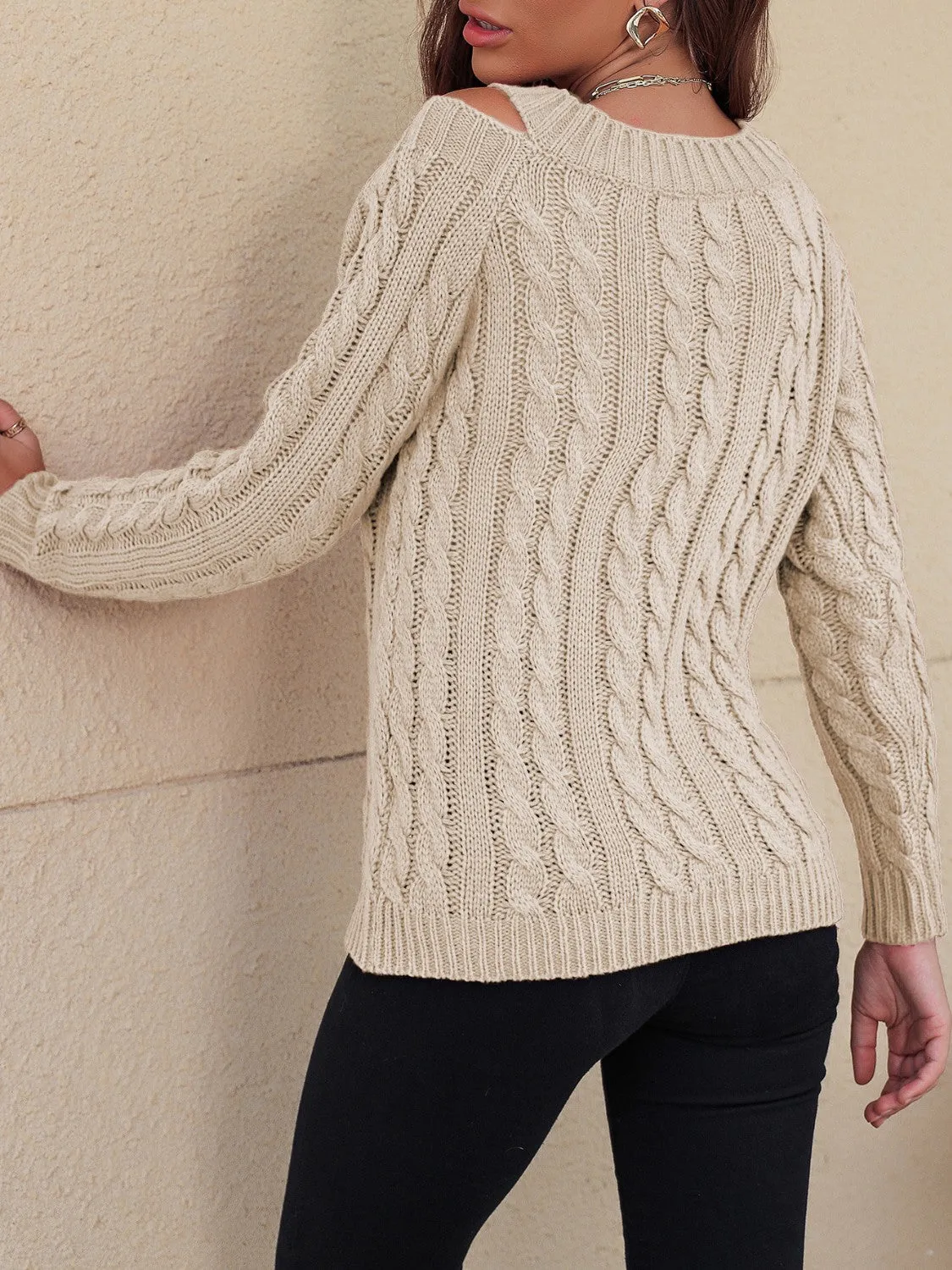 TEEK - Honey Cable-Knit V-Neck Cold Shoulder Sweater