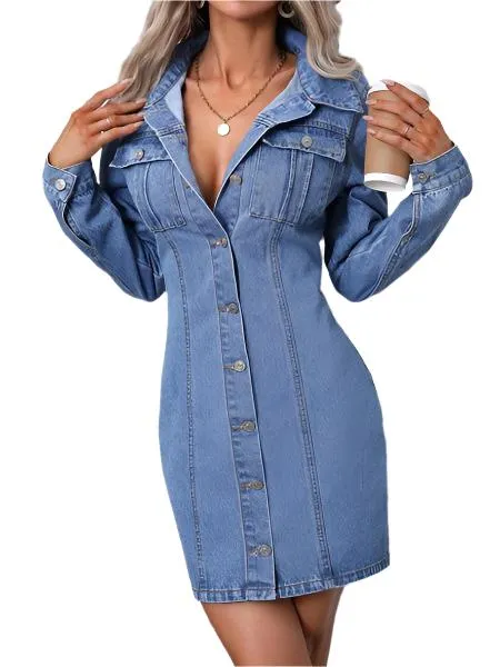 TEEK - Long Sleeved Button Down Denim Dress