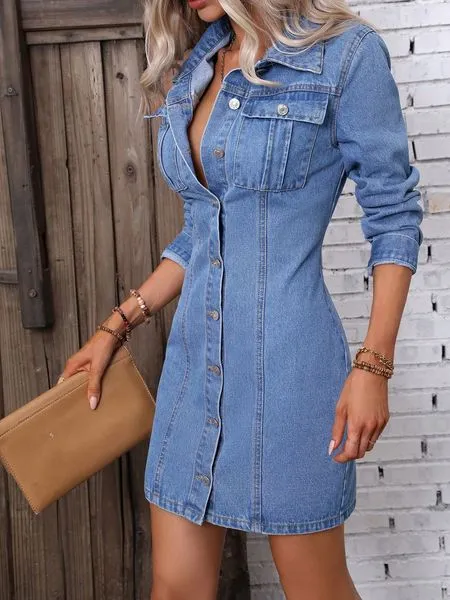 TEEK - Long Sleeved Button Down Denim Dress