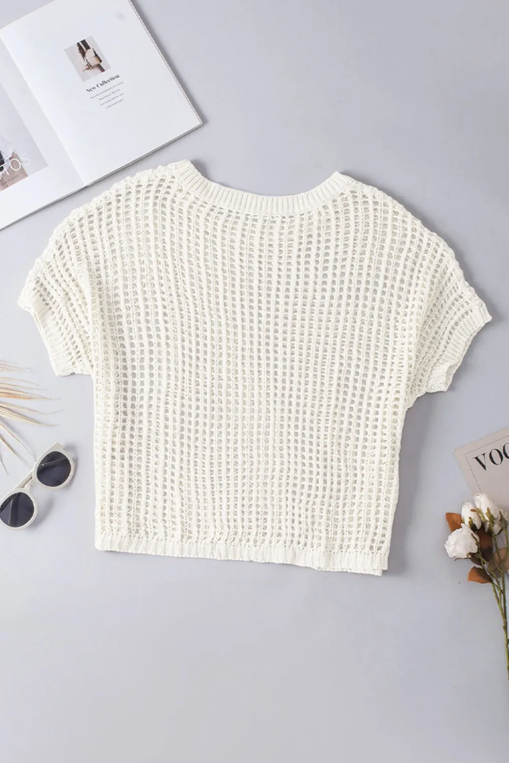 TEEK - Mesh Round Neck Half Sleeve Knit Top