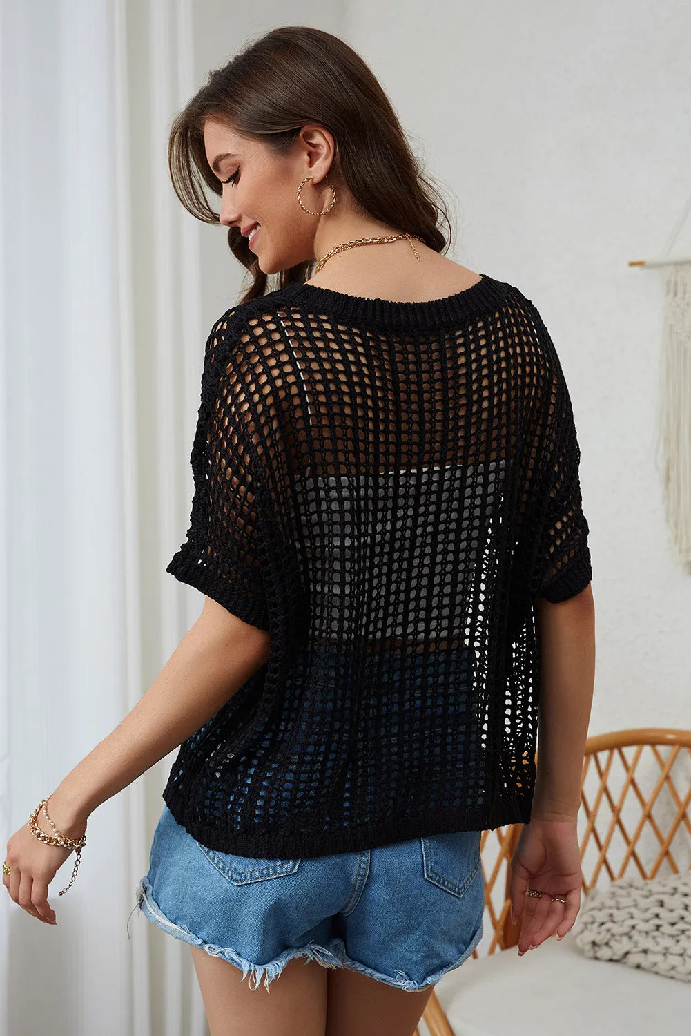 TEEK - Mesh Round Neck Half Sleeve Knit Top