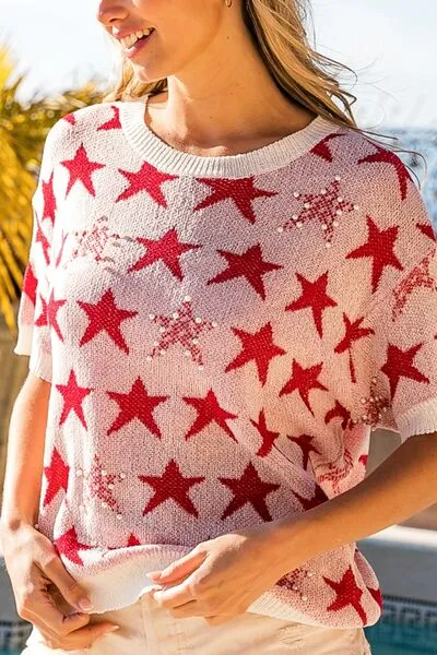 TEEK - Red Star Pattern Short Sleeve Knit Top