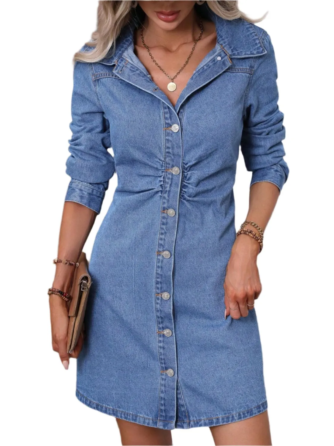 TEEK - Ruched Button Up Long Sleeve Medium Wash Denim Dress