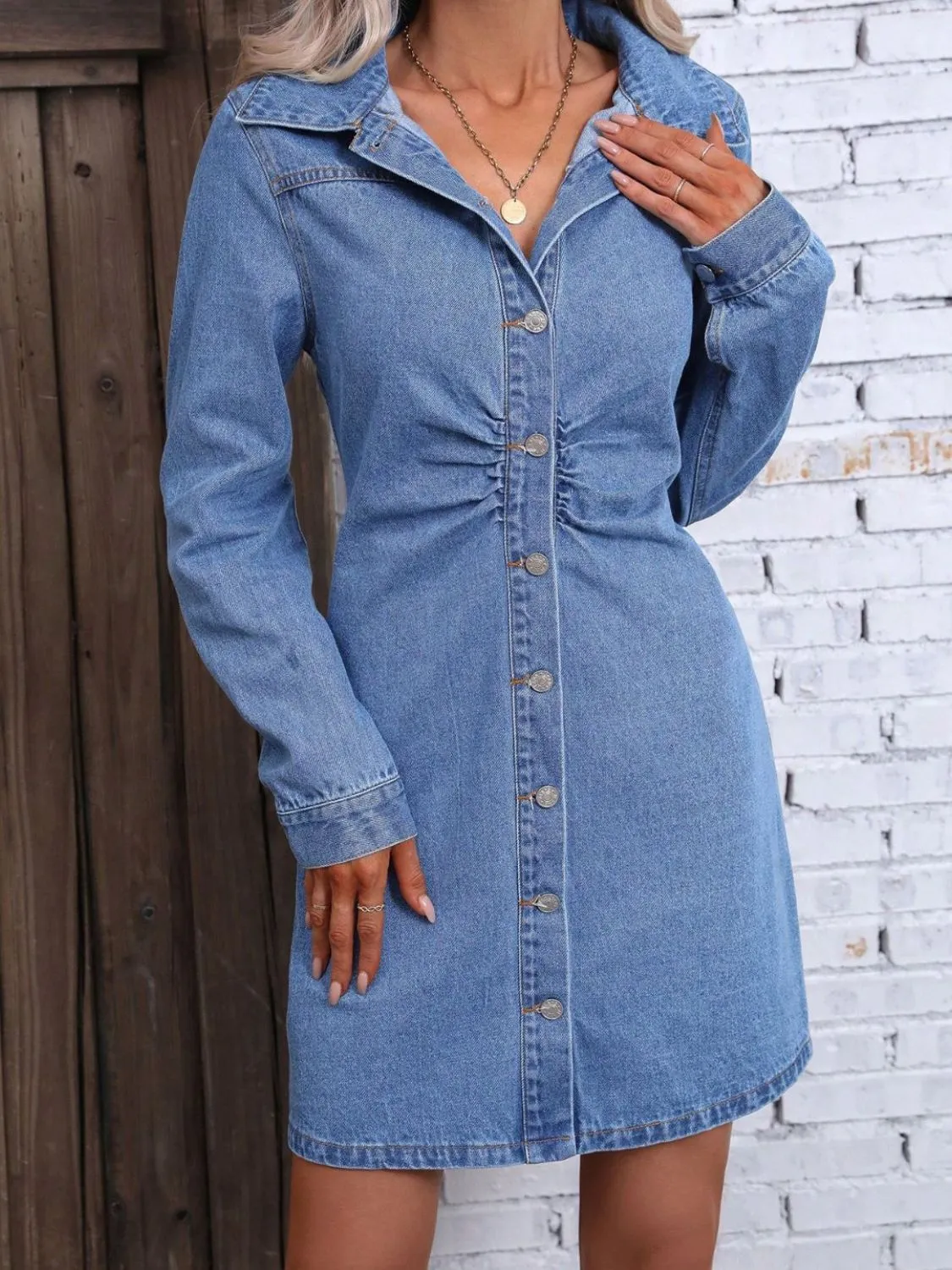 TEEK - Ruched Button Up Long Sleeve Medium Wash Denim Dress