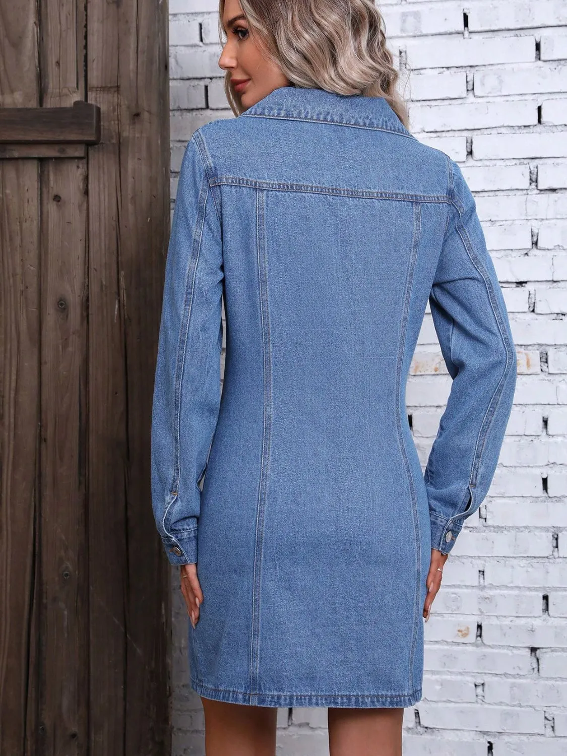 TEEK - Ruched Button Up Long Sleeve Medium Wash Denim Dress