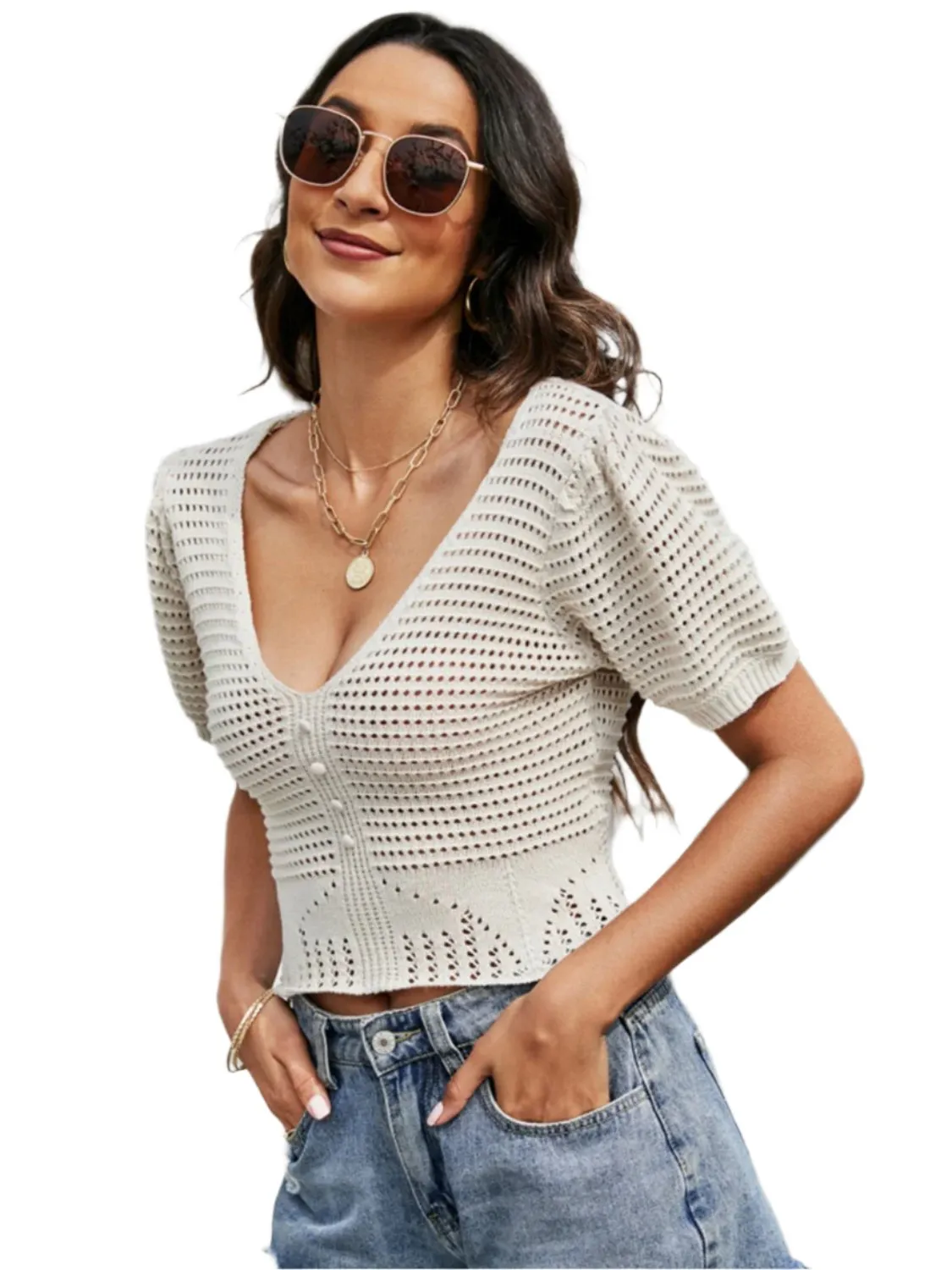 TEEK - V-Neck Short Sleeve Knit Top