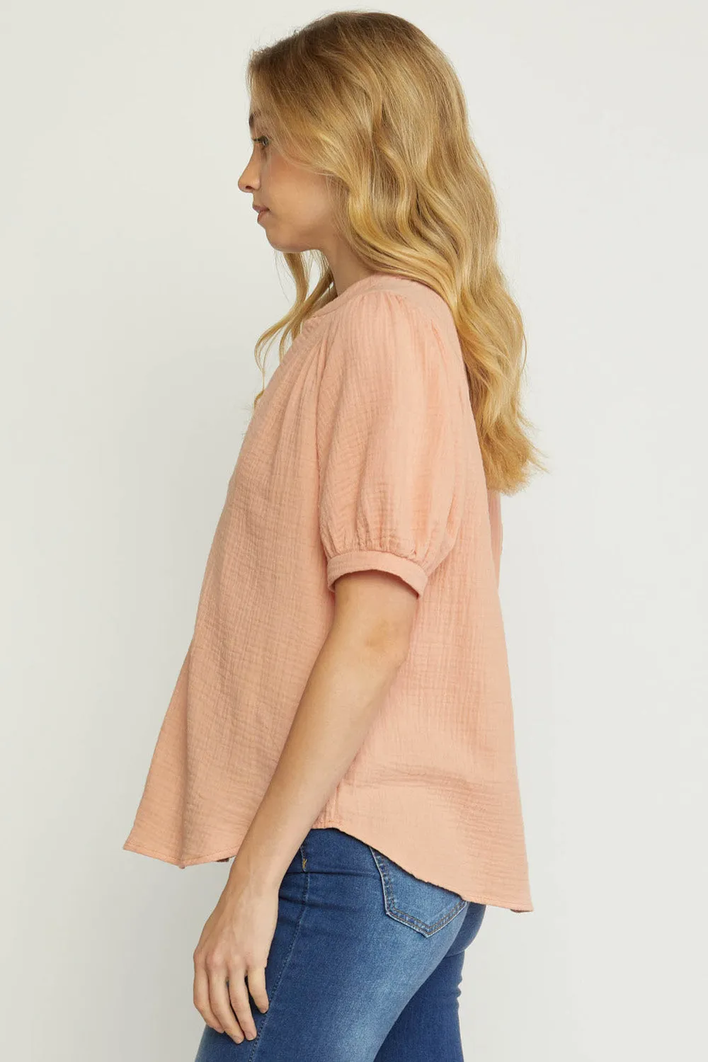 Textured Cotton Gauze Top, Peach