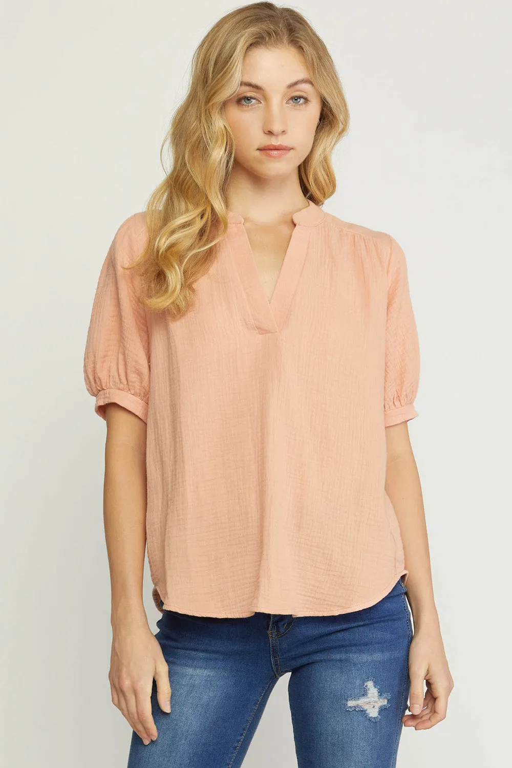 Textured Cotton Gauze Top, Peach