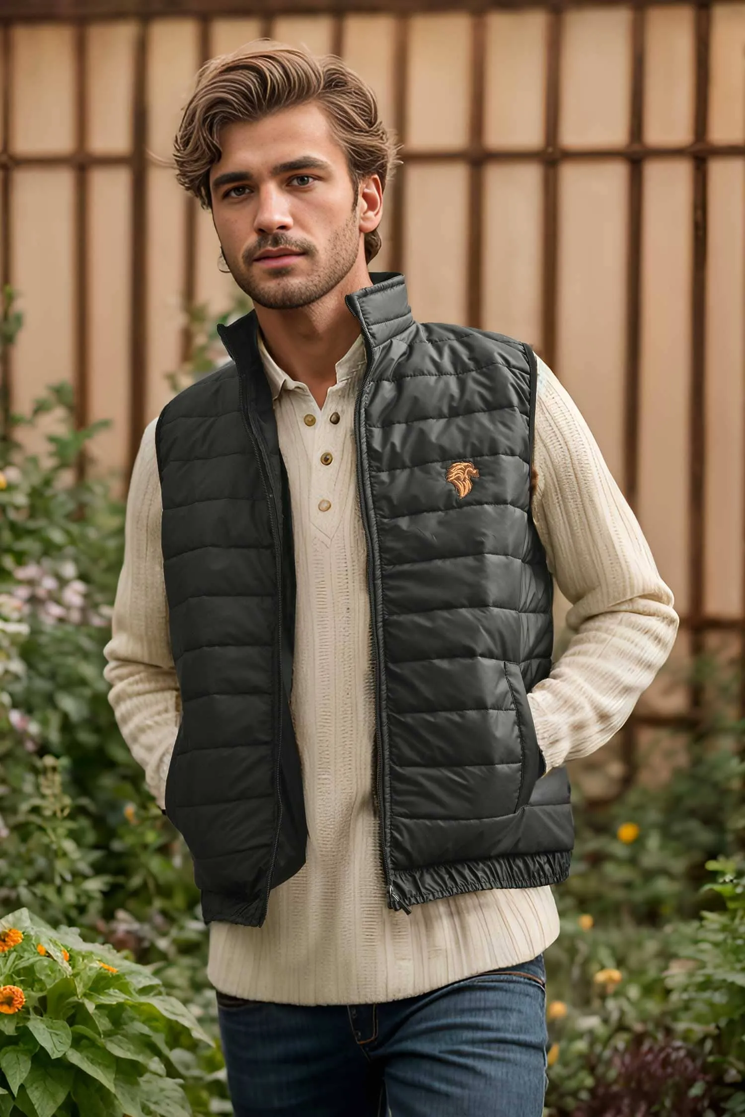 The Burnt Soul Men's Embroidered Sleeveless Puffer Gilet