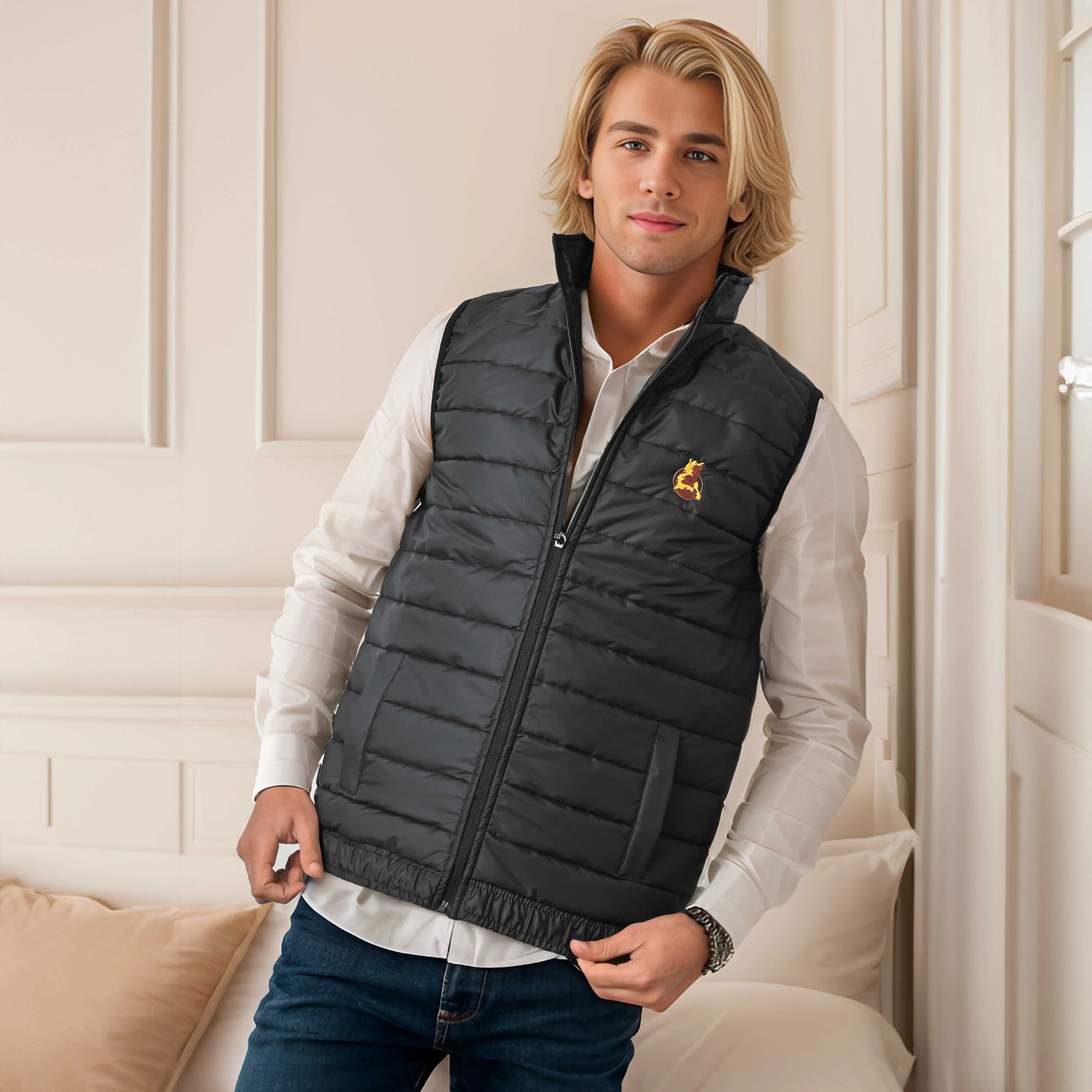 The Burnt Soul Men's Embroidered Sleeveless Puffer Gilet