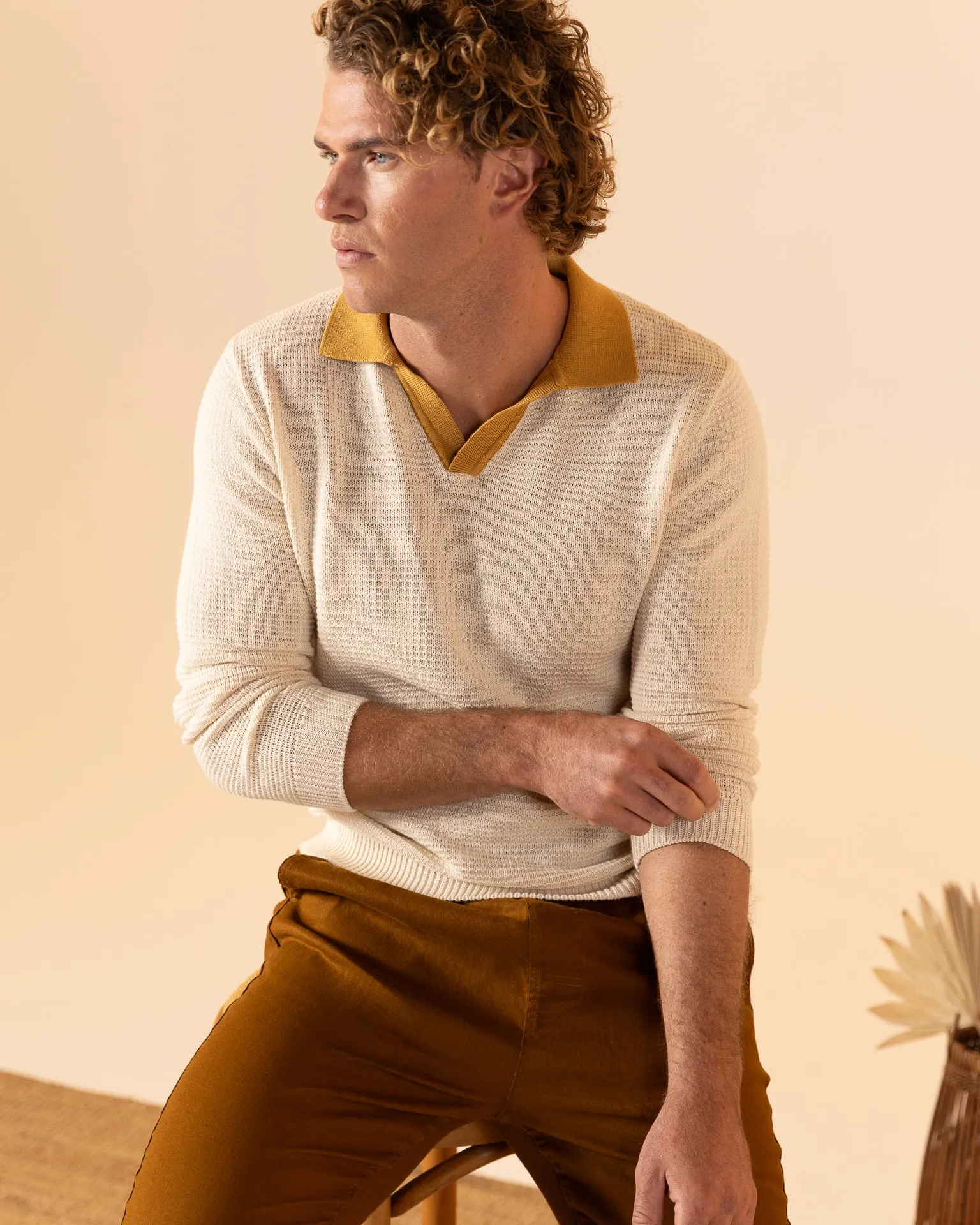 The Sebastian Long Sleeve Knit Polo Shirt - Vintage Ivory