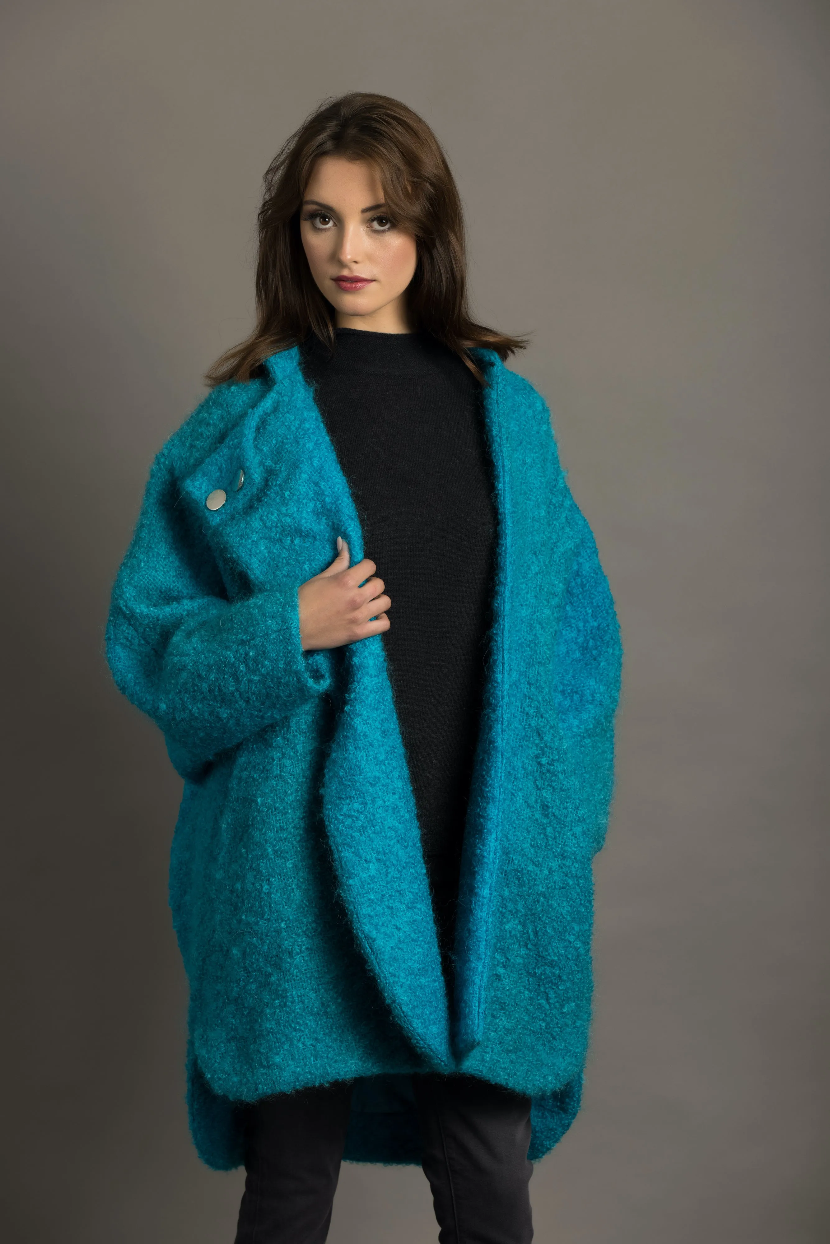 Turquoise Boucle Wool-Ladies cape coat.