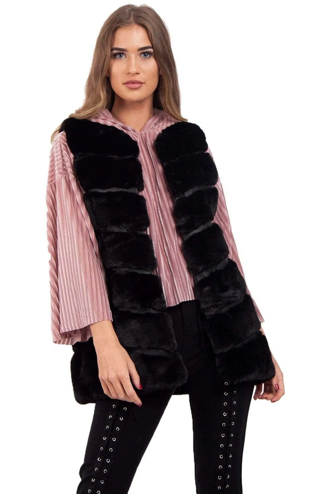 Ultra Soft Chevron Faux Rabbit Fur Leather Panel Gilet