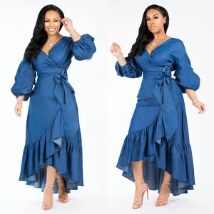 V-Neck Ruffle Hem Belted Wrap Denim Dress