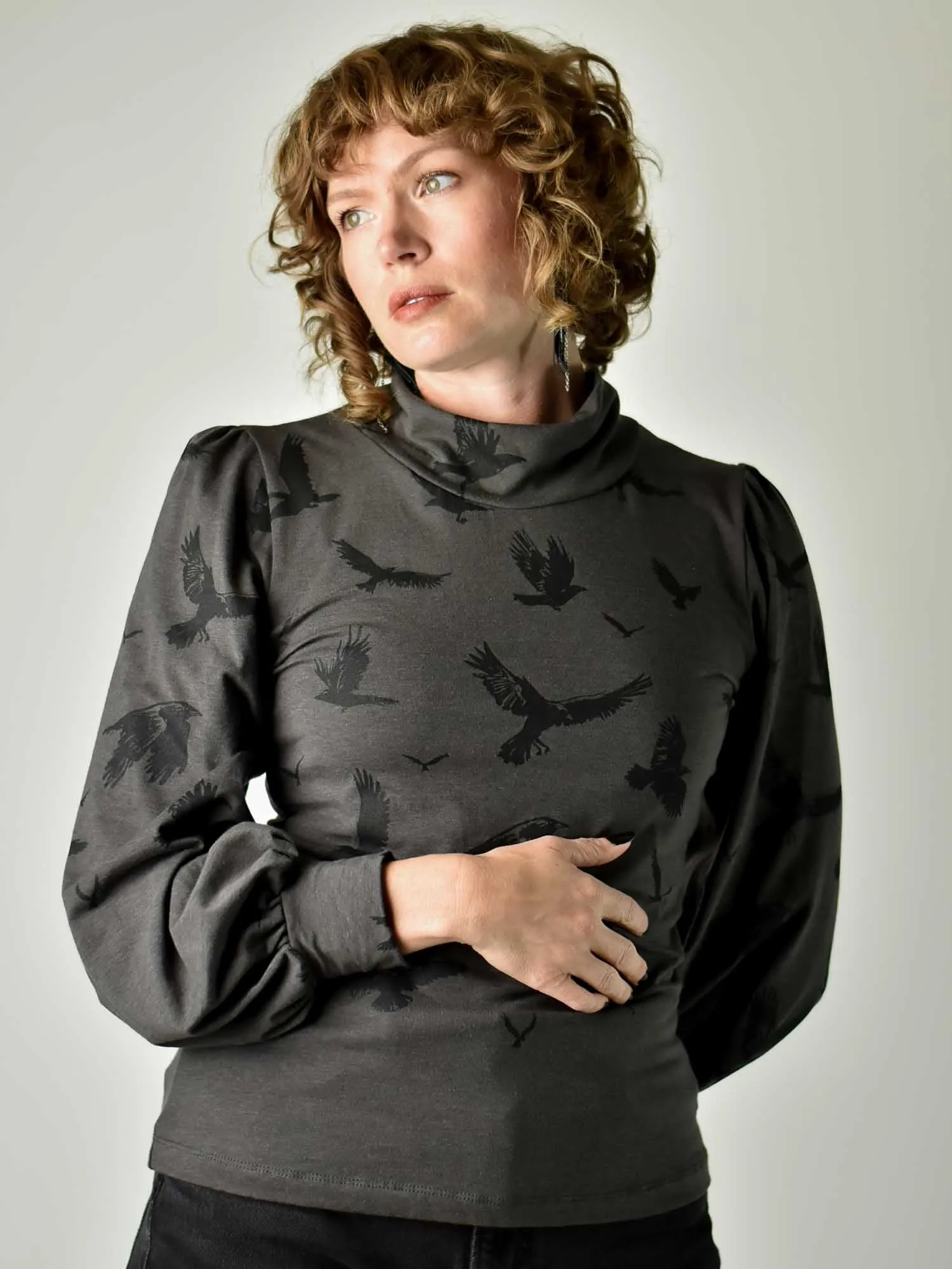 Victoria Puff Sleeve Mock Neck - Crows