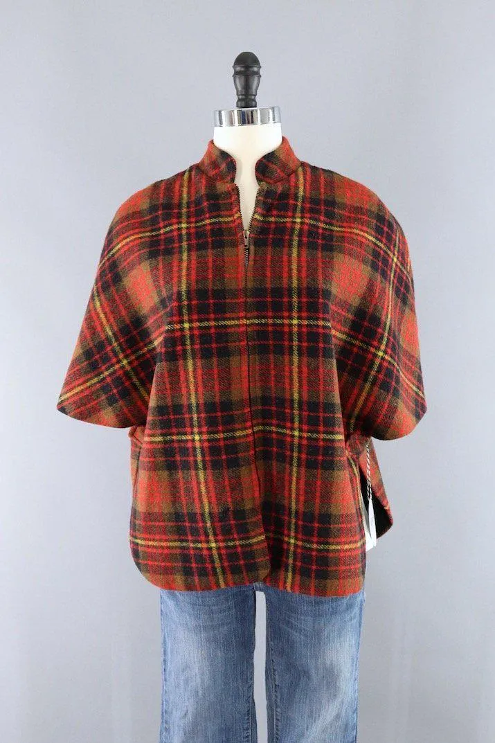 Vintage 1940s Red Plaid Cape Jacket