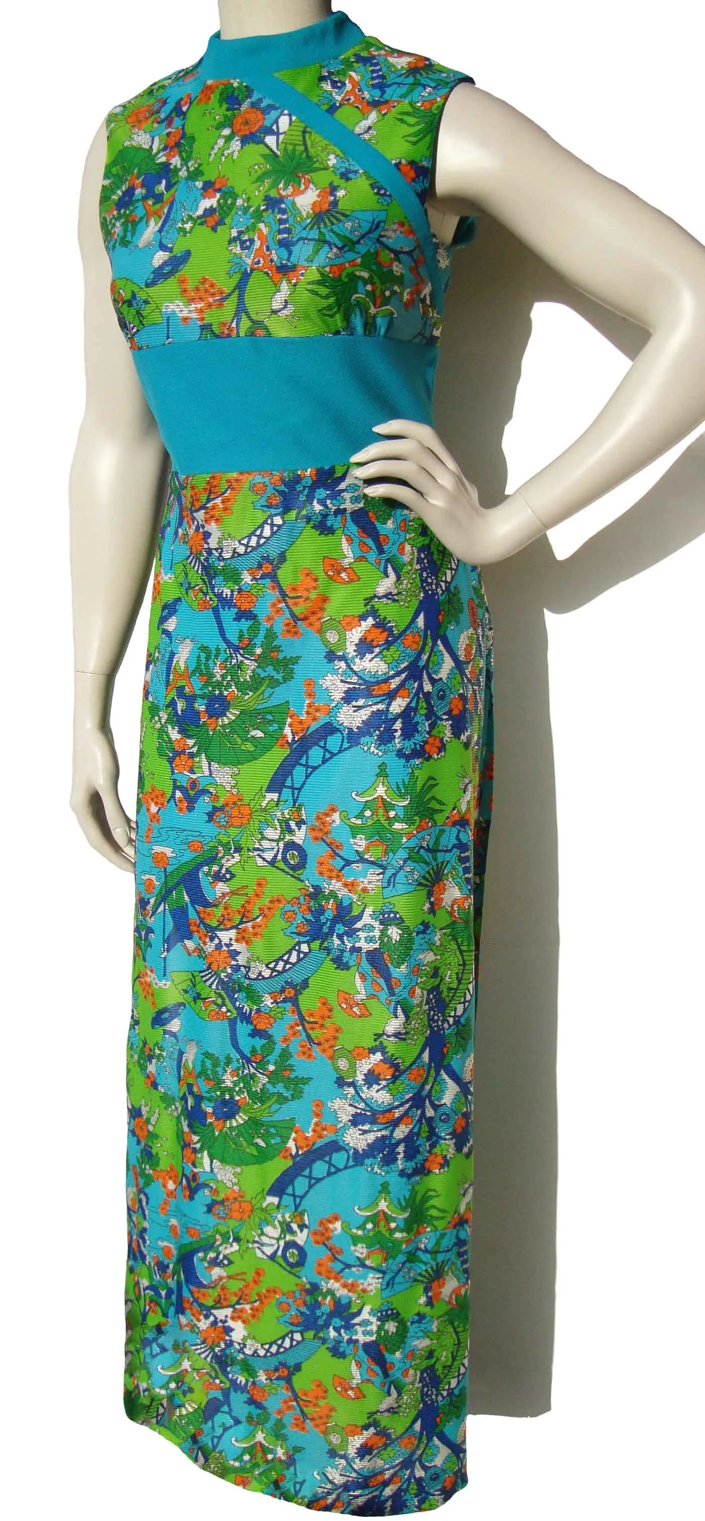 Vintage 60s Tea Timer Dress Asian Print Maxi M