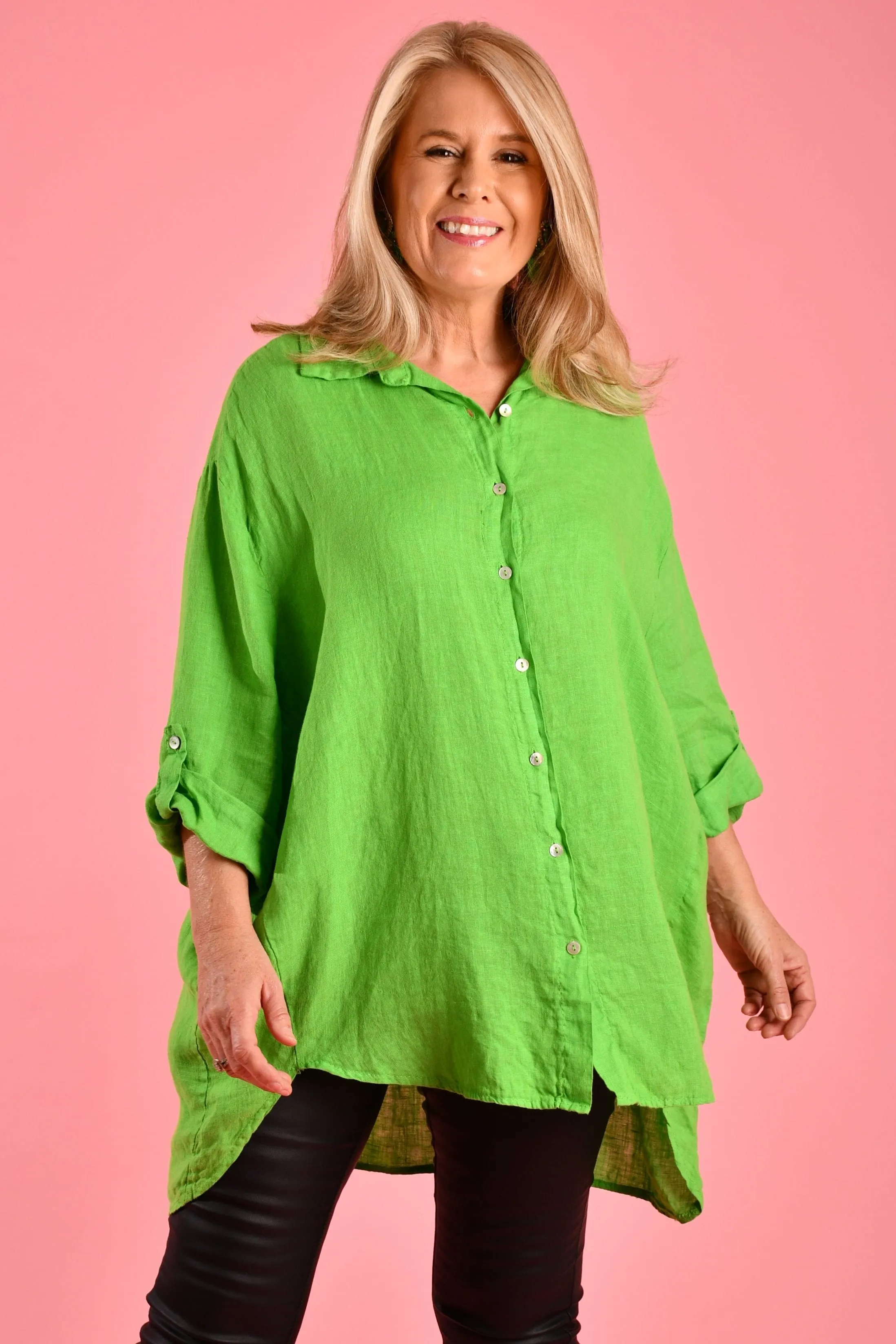 VLST600 (22C196) - NAPLES LINEN BUTTON UP - LIME