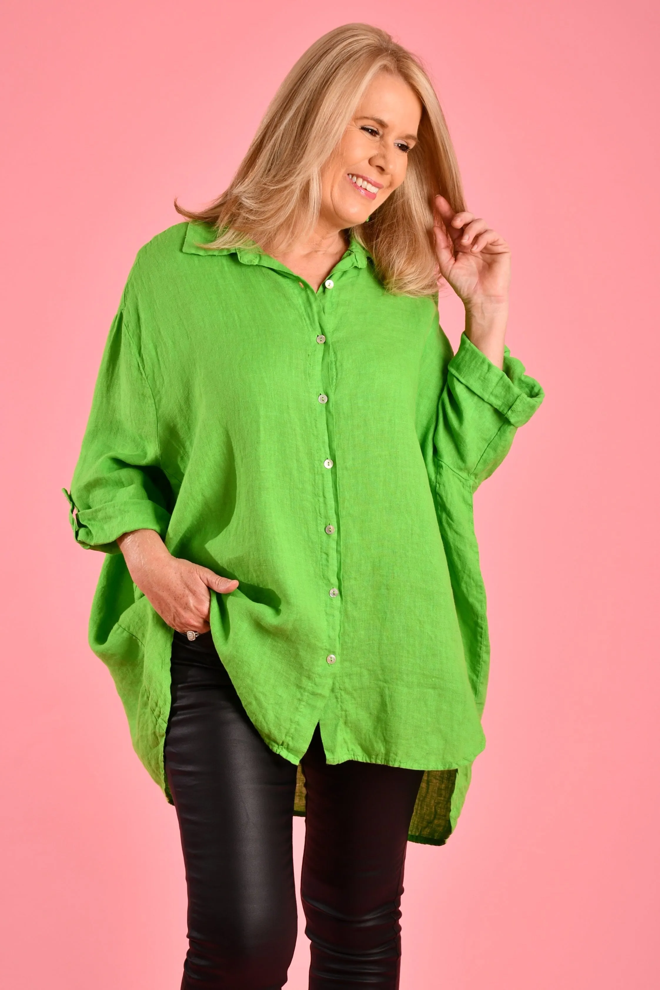 VLST600 (22C196) - NAPLES LINEN BUTTON UP - LIME