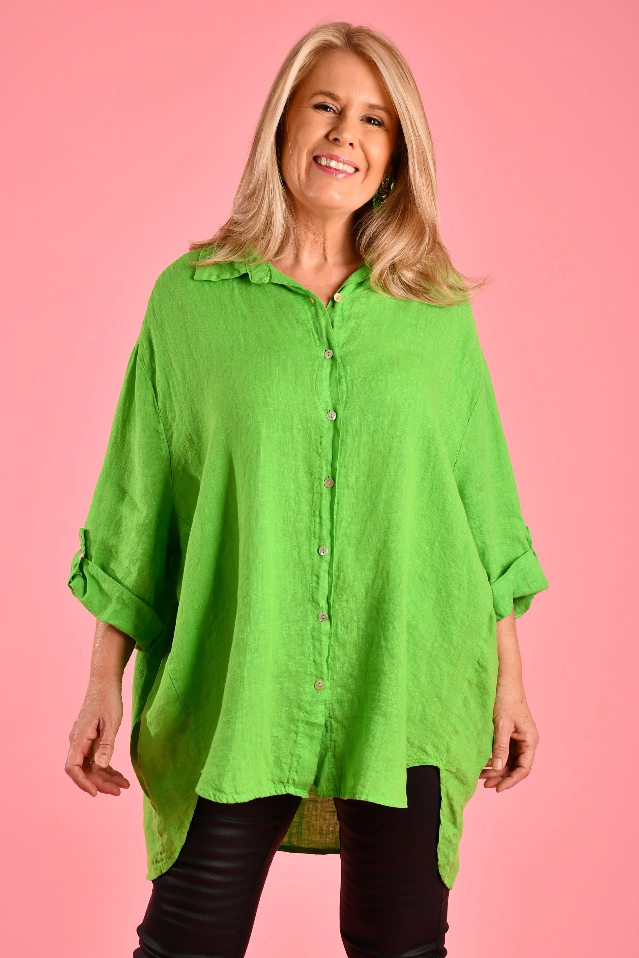 VLST600 (22C196) - NAPLES LINEN BUTTON UP - LIME