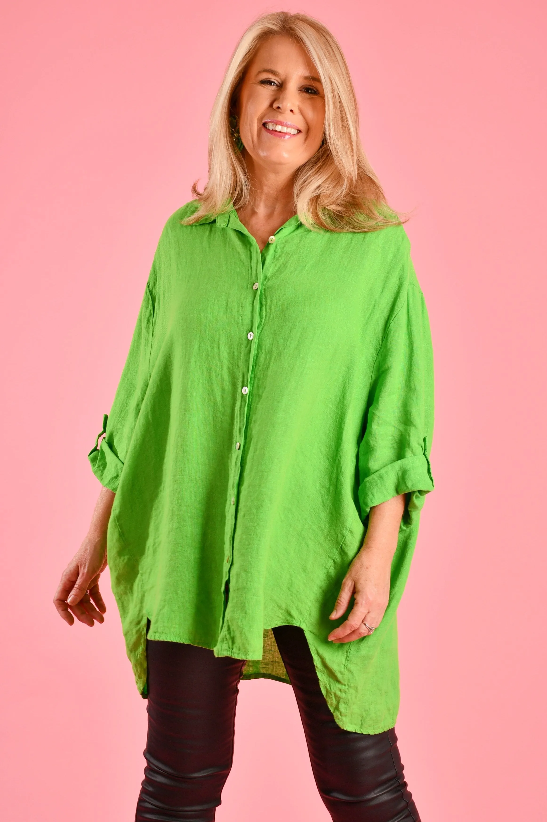 VLST600 (22C196) - NAPLES LINEN BUTTON UP - LIME