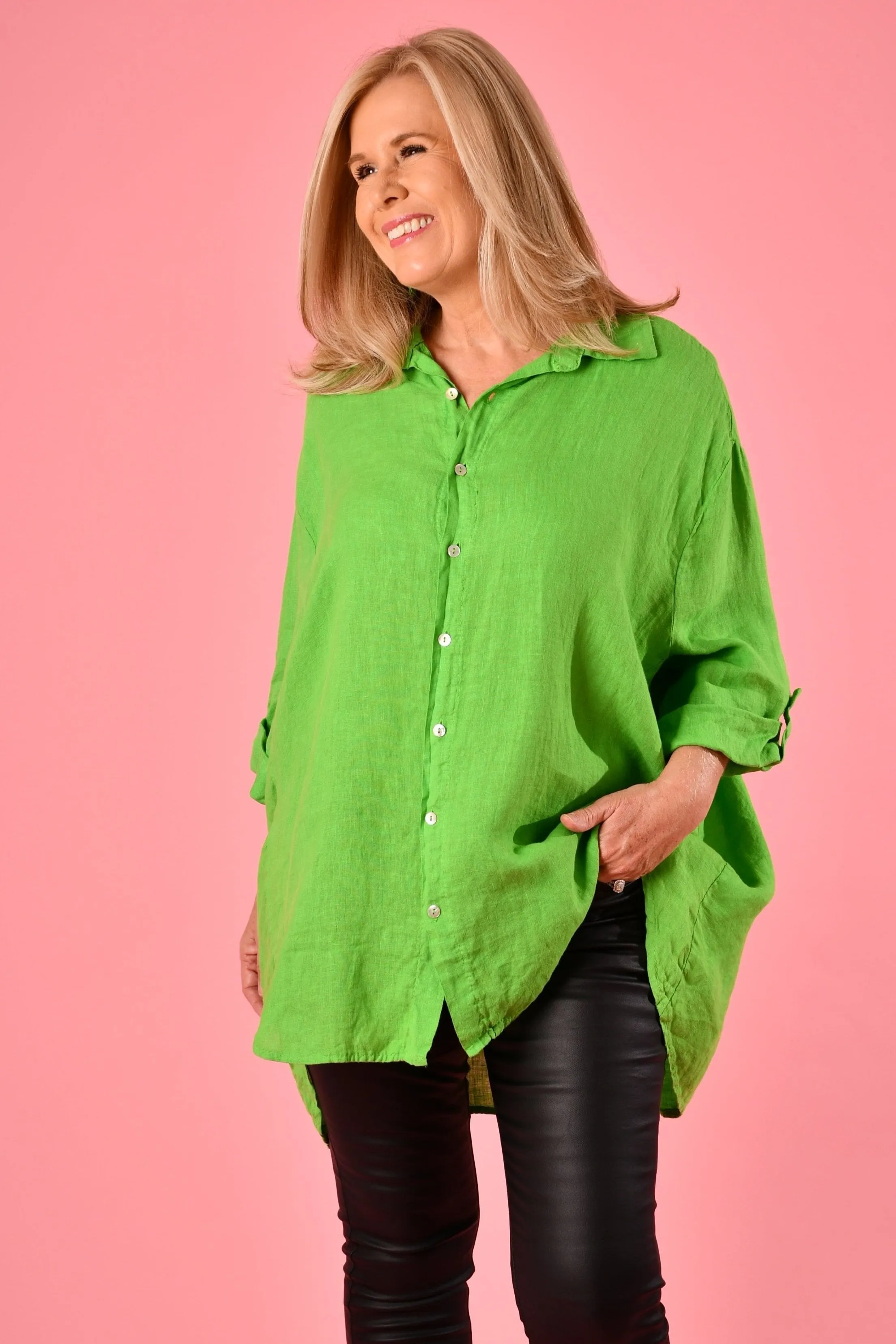 VLST600 (22C196) - NAPLES LINEN BUTTON UP - LIME