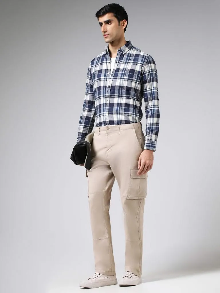 WES Casuals Blue Plaid Checked Cotton Slim Fit Shirt