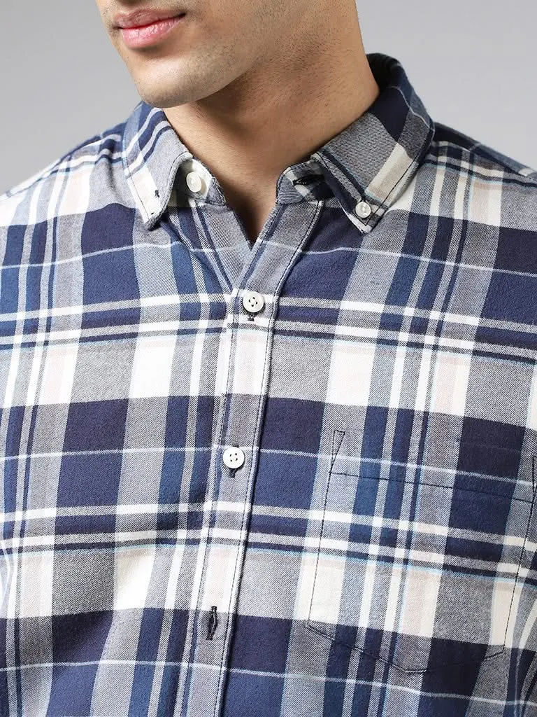 WES Casuals Blue Plaid Checked Cotton Slim Fit Shirt