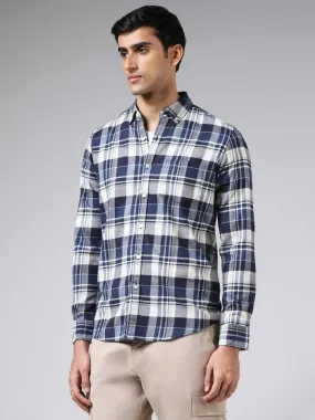 WES Casuals Blue Plaid Checked Cotton Slim Fit Shirt